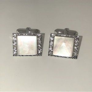 Vtg MOP Mother of Pearl Inlay Square Textured Silver Tone Cufflinks .9” x .8”